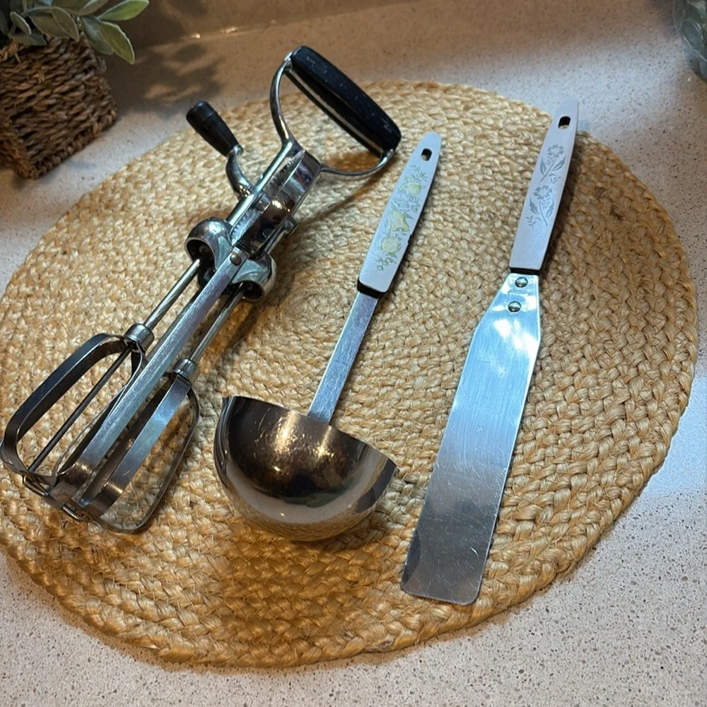 Vintage Stainless Kitchen Utensils - Spreader, Ladle, Hand Mixer